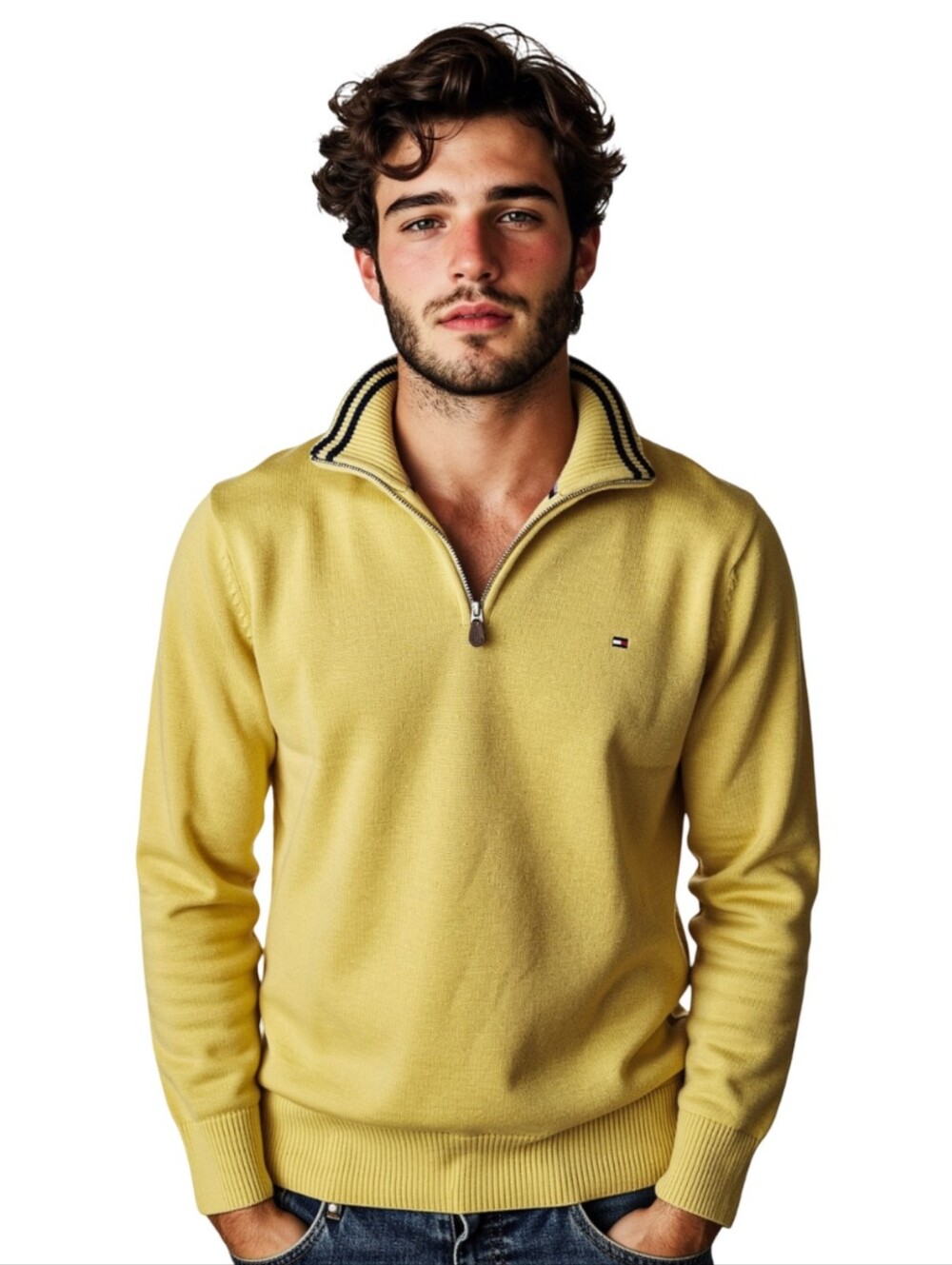 Tommy Hilfiger Men’s Yellow Quarter-Zip Sweater with Navy Collar Trim Size XL
